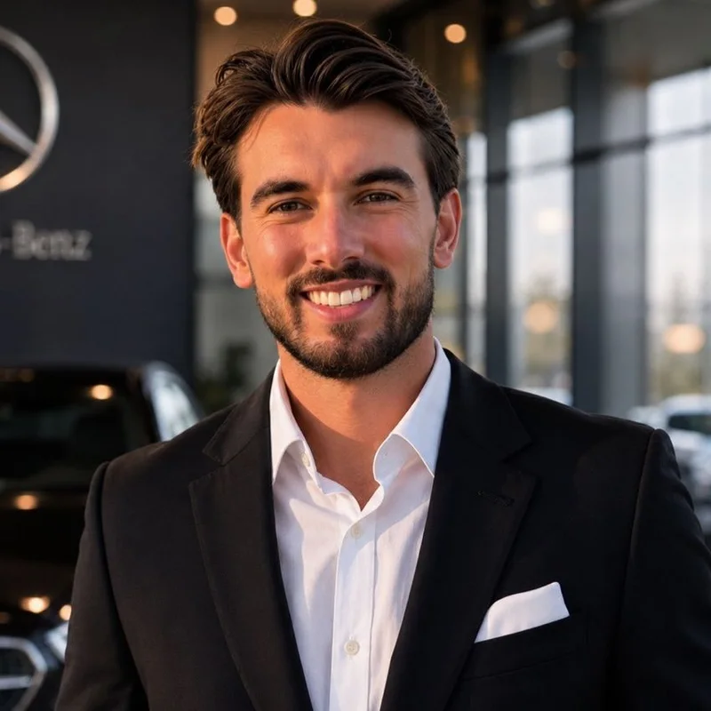 Tyler smiling in a Mercedes-Benz showroom